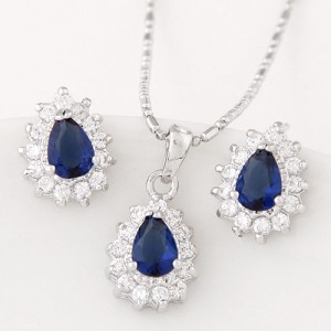 Korean Fashion Cubic Zirconia Embellished Elegant Waterdrops Design Fashion Necklace and Earrings Set - Blue