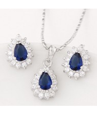 Korean Fashion Cubic Zirconia Embellished Elegant Waterdrops Design Fashion Necklace and Earrings Set - Blue
