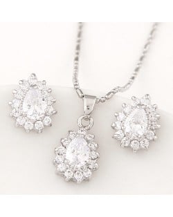 Korean Fashion Cubic Zirconia Embellished Elegant Waterdrops Design Fashion Necklace and Earrings Set - White