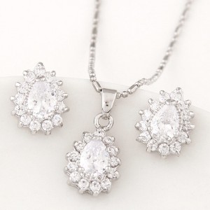 Korean Fashion Cubic Zirconia Embellished Elegant Waterdrops Design Fashion Necklace and Earrings Set - White