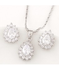 Korean Fashion Cubic Zirconia Embellished Elegant Waterdrops Design Fashion Necklace and Earrings Set - White