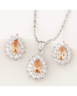 Korean Fashion Cubic Zirconia Embellished Elegant Waterdrops Design Fashion Necklace and Earrings Set - Champagne