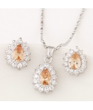 Korean Fashion Cubic Zirconia Embellished Elegant Waterdrops Design Fashion Necklace and Earrings Set - Champagne