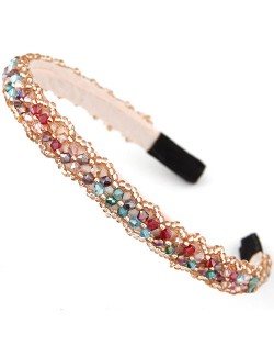 Crystal Beads and Golden Beads Decorated Handmade Sweet Fashion Hair Hoop - Multicolor