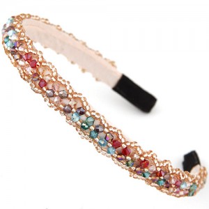 Crystal Beads and Golden Beads Decorated Handmade Sweet Fashion Hair Hoop - Multicolor