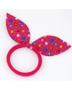 Floral Cloth Bunny Ears Rubber Hair Band - Fuchsia