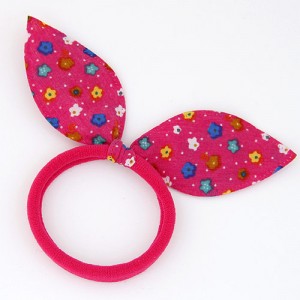 Floral Cloth Bunny Ears Rubber Hair Band - Fuchsia