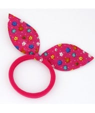 Floral Cloth Bunny Ears Rubber Hair Band - Fuchsia