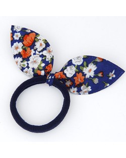 Floral Cloth Bunny Ears Rubber Hair Band - Blue