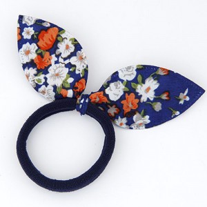 Floral Cloth Bunny Ears Rubber Hair Band - Blue