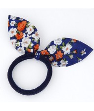 Floral Cloth Bunny Ears Rubber Hair Band - Blue