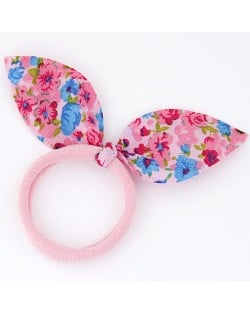 Floral Cloth Bunny Ears Rubber Hair Band - Pink