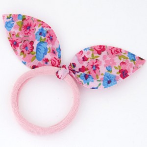 Floral Cloth Bunny Ears Rubber Hair Band - Pink