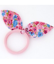 Floral Cloth Bunny Ears Rubber Hair Band - Pink