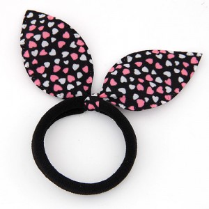 Hearts Print Cloth Bunny Ears Rubber Hair Band - Black and Pink