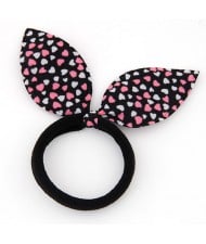 Hearts Print Cloth Bunny Ears Rubber Hair Band - Black and Pink