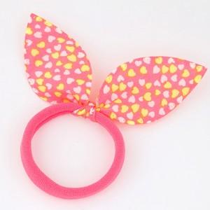 Hearts Print Cloth Bunny Ears Rubber Hair Band - Pink and Yellow