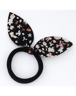 Floral Cloth Bunny Ears Rubber Hair Band - Black and White