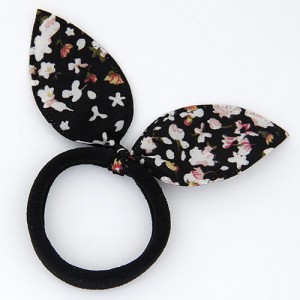 Floral Cloth Bunny Ears Rubber Hair Band - Black and White