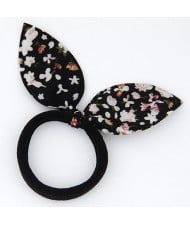 Floral Cloth Bunny Ears Rubber Hair Band - Black and White