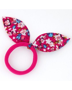 Floral Cloth Bunny Ears Rubber Hair Band - Rose