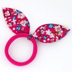 Floral Cloth Bunny Ears Rubber Hair Band - Rose