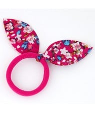 Floral Cloth Bunny Ears Rubber Hair Band - Rose