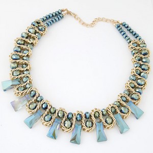 Crystal Beads and Bars with Weaving Pattern Wire Combo Alloy Fashion Necklace - Blue