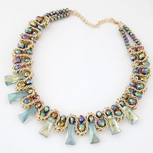 Crystal Beads and Bars with Weaving Pattern Wire Combo Alloy Fashion Necklace - Colorful Blue