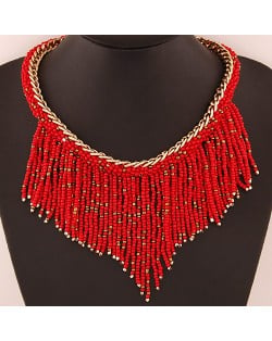 Western High Fashion Mini Beads Tassel Short Golden Chain Costume Necklace - Red