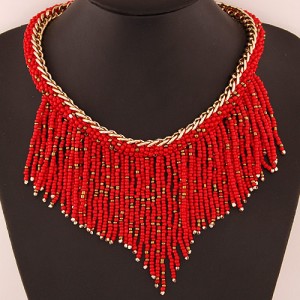 Western High Fashion Mini Beads Tassel Short Golden Chain Costume Necklace - Red