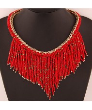 Western High Fashion Mini Beads Tassel Short Golden Chain Costume Necklace - Red