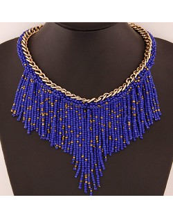 Western High Fashion Mini Beads Tassel Short Golden Chain Costume Necklace - Blue