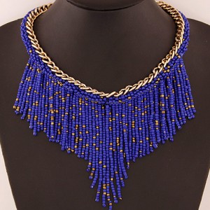 Western High Fashion Mini Beads Tassel Short Golden Chain Costume Necklace - Blue