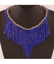 Western High Fashion Mini Beads Tassel Short Golden Chain Costume Necklace - Blue