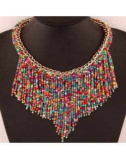 Western High Fashion Mini Beads Tassel Short Golden Chain Costume Necklace - Multicolor