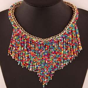 Western High Fashion Mini Beads Tassel Short Golden Chain Costume Necklace - Multicolor