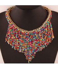 Western High Fashion Mini Beads Tassel Short Golden Chain Costume Necklace - Multicolor