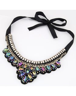 Rhinestone and Crystal Combined Flower Pattern Ribbon Fashion Necklace - Multicolor