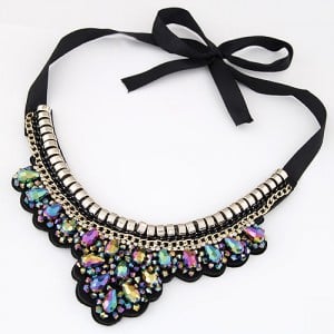 Rhinestone and Crystal Combined Flower Pattern Ribbon Fashion Necklace - Multicolor