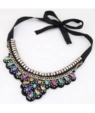 Rhinestone and Crystal Combined Flower Pattern Ribbon Fashion Necklace - Multicolor