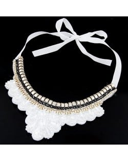 Rhinestone and Crystal Combined Flower Pattern Ribbon Fashion Necklace - White