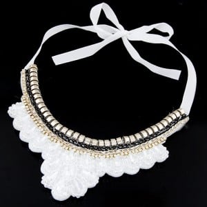 Rhinestone and Crystal Combined Flower Pattern Ribbon Fashion Necklace - White