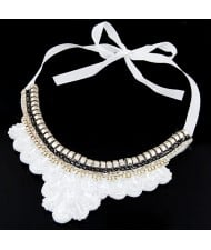 Rhinestone and Crystal Combined Flower Pattern Ribbon Fashion Necklace - White