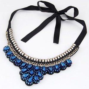 Rhinestone and Crystal Combined Flower Pattern Ribbon Fashion Necklace - Blue