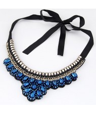 Rhinestone and Crystal Combined Flower Pattern Ribbon Fashion Necklace - Blue