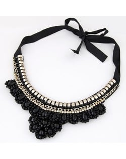 Rhinestone and Crystal Combined Flower Pattern Ribbon Fashion Necklace - Black