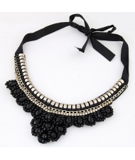 Rhinestone and Crystal Combined Flower Pattern Ribbon Fashion Necklace - Black