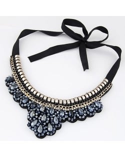 Rhinestone and Crystal Combined Flower Pattern Ribbon Fashion Necklace - Ink Blue