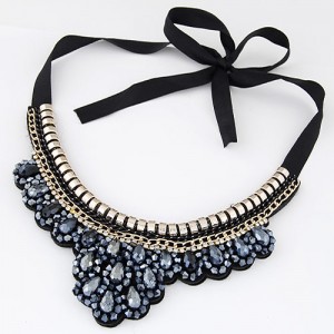 Rhinestone and Crystal Combined Flower Pattern Ribbon Fashion Necklace - Ink Blue
